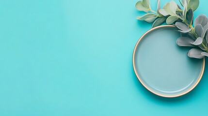 Blue plate, green leaves, blue background, food styling