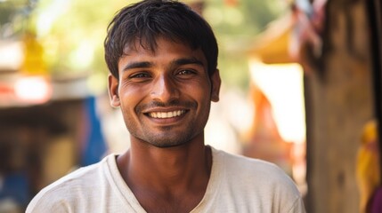 Fototapeta premium Smiling young South Asian man in casual white shirt showcasing amusement and warmth, with vibrant village background in natural lighting.