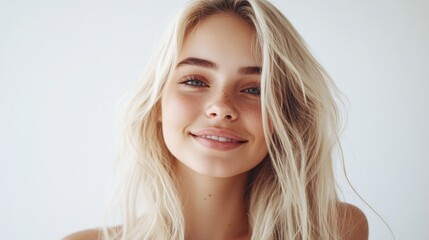 Naklejka premium Smiling young woman with long blonde hair and freckles, radiating joy against a soft white background, capturing a moment of happiness and beauty.