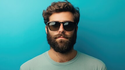 Fototapeta premium Stylish young man with sunglasses and beard posing against a blue background conveying a serious and confident attitude.