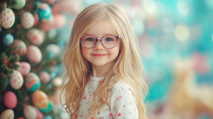 Fototapeta premium Smiling young girl with long blonde hair wearing glasses stands cheerfully near a colorful Easter tree adorned with pastel eggs in a bright setting