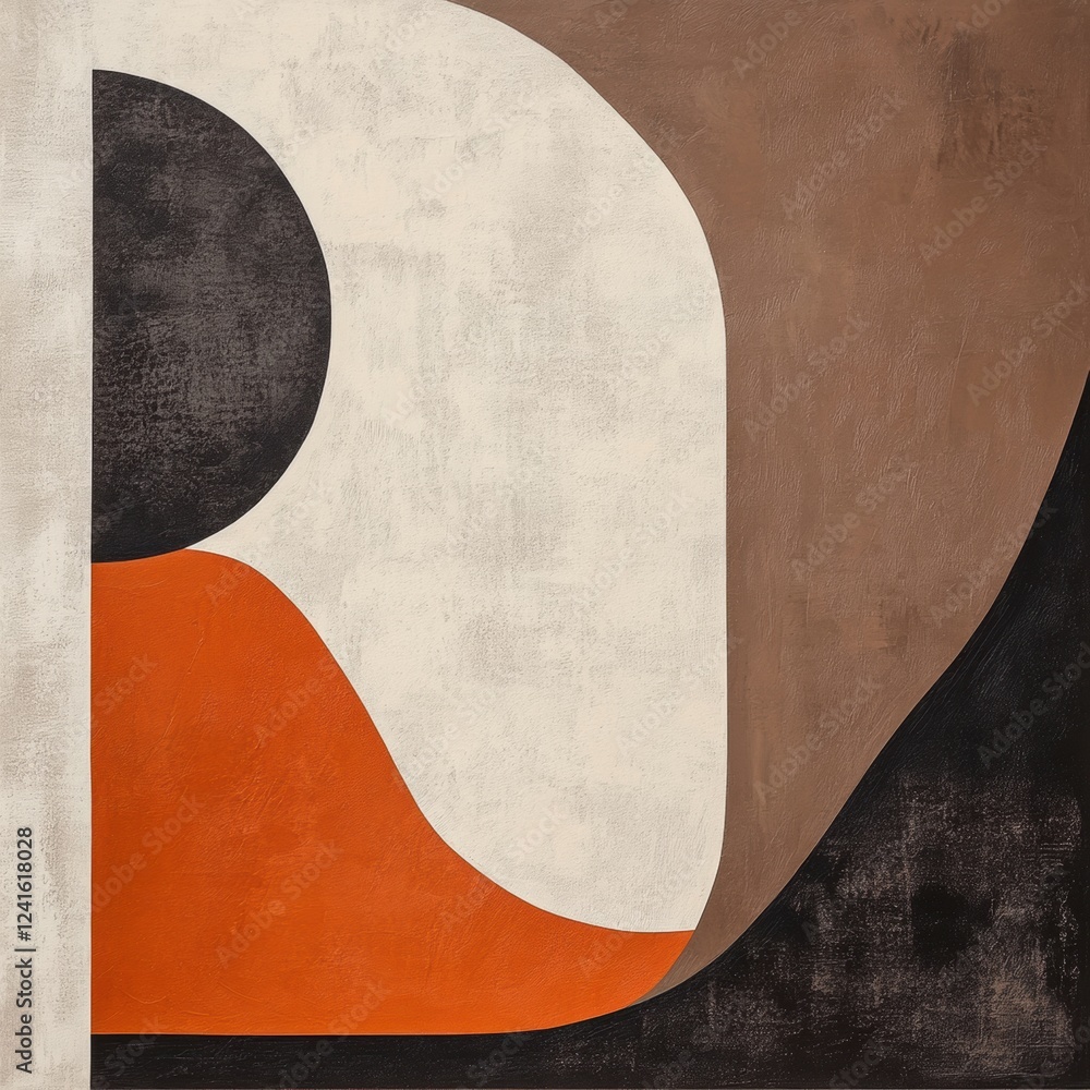 Poster abstract geometric artwork with bold colors and organic shapes on canvas displayed in a modern setti