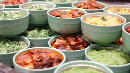 Small turquoise Bowls of Chinese Fast Food Portions of Different dishes such as Pork, vegetables, smashed eggs, greens