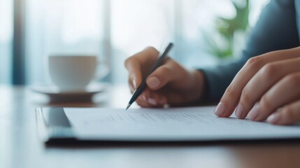 Fototapeta premium Writing notes with a coffee cup nearby on a wooden table.
