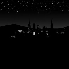 A black and white photograph of a city skyline in the fog silhouetted skyline cityscape architecture illustration building city vector