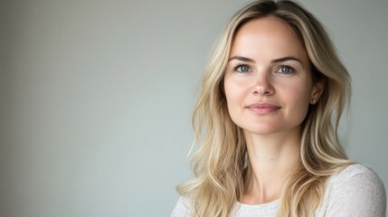 Fototapeta premium Portrait of a young adult blonde woman with wavy hair, serene expression, against a soft light gray background conveying beauty and tranquility.