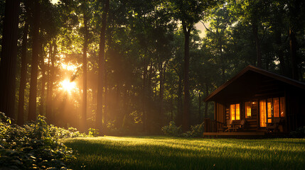 A peaceful cabin retreat in the woods, symbolizing wellness retreats, wide-angle, golden light