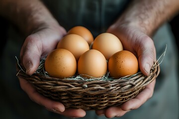 Fresh brown chicken eggs in rustic woven basket held by farmer hands against dark background, organic farm produce concept for healthy eating.
