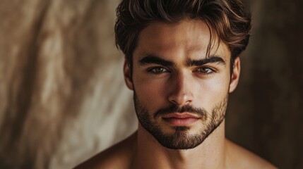 Obraz premium Close-up portrait of a stylish young adult man with tousled brown hair and strong facial features against a soft cream-colored background.