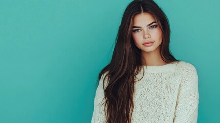 Fototapeta premium Casual young woman with long dark hair in ivory sweater posing confidently against vibrant turquoise background, studio portrait of beauty and style.