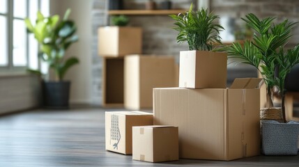 Happy Asian family unpacking cardboard boxes and smiling in a bright new home with greenery, symbolizing relocation and fresh beginnings.