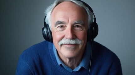 Senior man aged 70 to 75 years with gray mustache wearing blue sweater and black headphones listening to music smiling against gray background