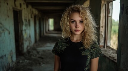 Fototapeta premium Young woman with curly blond hair in Ukrainian military uniform and black t-shirt standing in an abandoned building with distressed walls and windows.