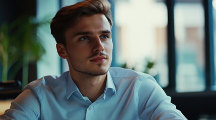 Obraz premium Confident young adult man with short light brown hair wearing a light blue shirt, seated in a modern office environment, focusing during a meeting with colleagues.