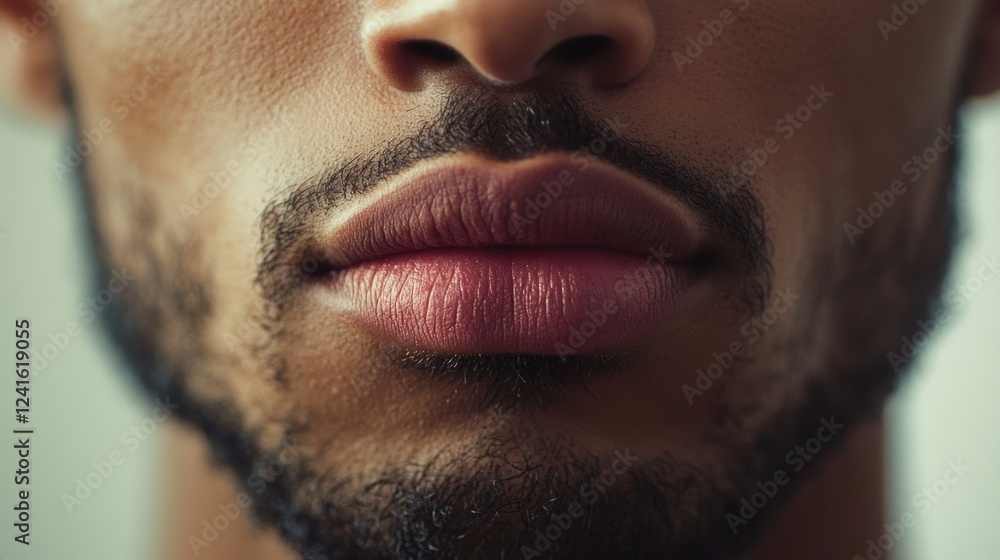 Poster close-up portrait of a mixed-race young man with stubble displaying nuanced lip expression and skin 