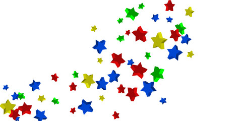 Volumetric blue, yellow, red and green stars are scattered on a white background. Festive background