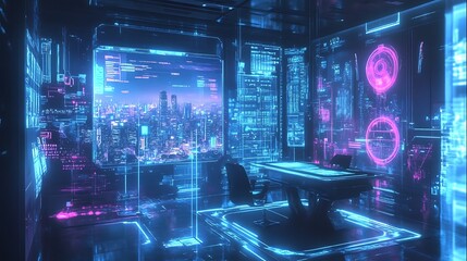 Obraz premium Futuristic Interior with a View of a Neon City Through a Window