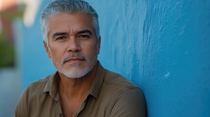 Mature Hispanic man with grey hair poses against vibrant blue outdoor wall showcasing a serious and handsome expression in natural light