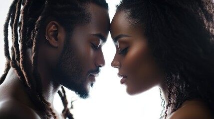 Intimate portrait of a beautiful African American couple with dreadlocks and curly hair sharing a tender moment together against a soft white background