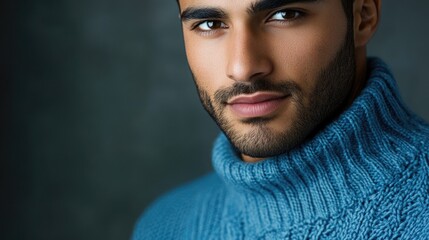 Handsome biracial man with dark hair and beard wearing a textured blue sweater against a soft grey background showcasing confidence and style.