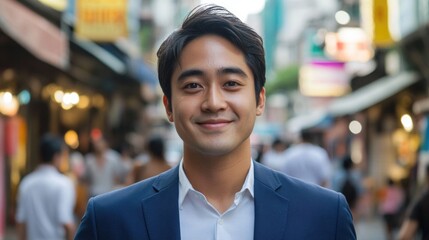 Naklejka premium Portrait of confident young Asian businessman smiling in urban street setting with blurred background of city life in soft evening light