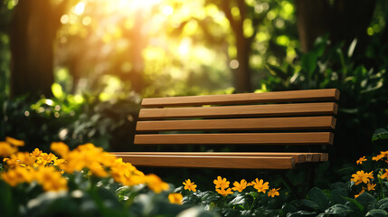 A peaceful meditation garden with a simple wooden bench and blooming flowers