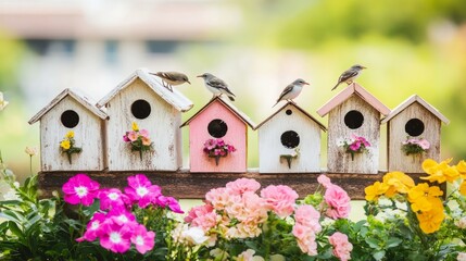Wooden birdhouses decorated with flowers, birds perched on top, vibrant blooms in foreground, sunny garden scene