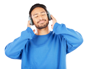 Man, music and headphones for calm audio, subscription or streaming multimedia playlist isolated on transparent png background. Happy asian model listening to peaceful podcast, hearing sound or radio
