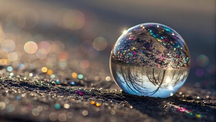 Crystal Sphere on Glittering Surface Abstract Macro Photography
