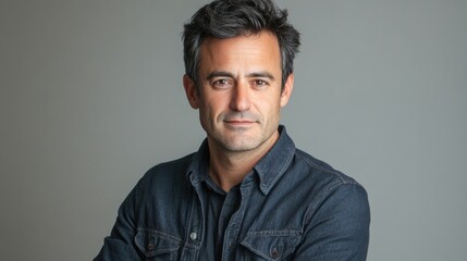 Obraz premium Confident 30-year-old man with medium skin and short dark hair poses in casual denim shirt against neutral semi-white studio background