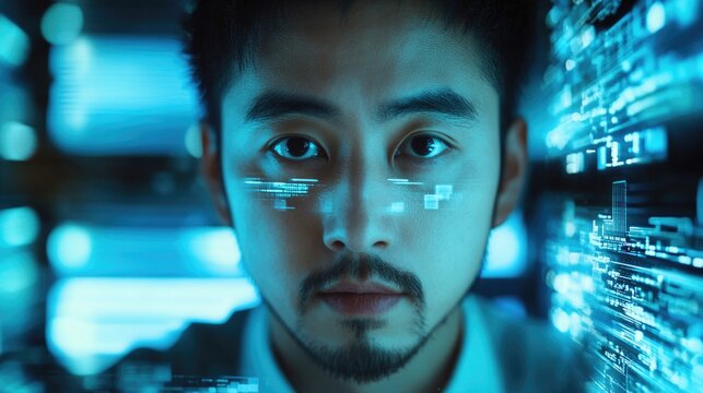 Asian male data analyst focused on digital interface in illuminated server room with blue tones, showcasing technology and global business concepts. - Powered by Adobe