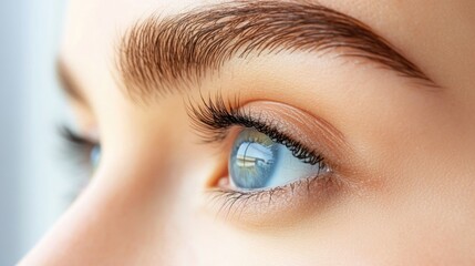 Obraz premium Close-up macro shot of a young woman's blue eye with long lashes and defined brow, showcasing natural beauty and detail, soft lighting ambiance.