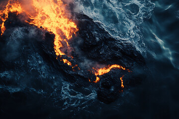 Thick black oil spreads across the water, endangering marine life. Photorealism.