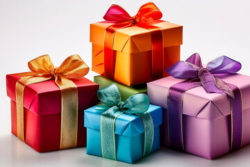 Obraz premium Colorful gift boxes with ribbons and bows under hanging decorations