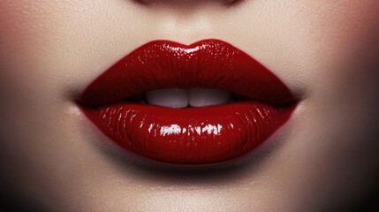 close-up of woman's face featuring glossy red lips on light skin background emphasizing vibrant lipstick and perfect smile