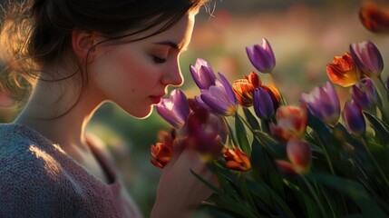 Naklejka premium Young woman enjoying the fragrance of freshly picked spring tulips in a vibrant garden setting during sunset with soft natural lighting.