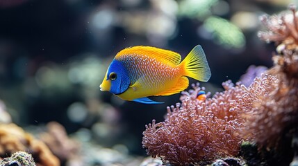 Obraz premium Vibrant Blue and Yellow Fish Swimming Near Coral Reef in Ocean