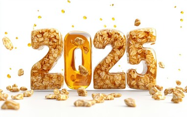 Naklejka premium 2025 Created from Crunchy Granola Bars with Honey Drizzle Isolated on a White Background