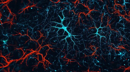 A vibrant abstract representation of neural connections, showcasing intricate patterns in blue and red against a dark background.