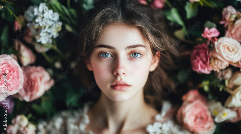 Wall mural Studio portrait of a young woman with soft features surrounded by vibrant pink and white roses, captured in a cinematic floral setting.