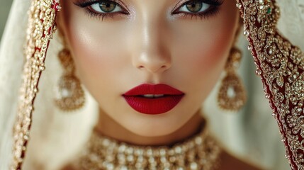 Close-up portrait of a young woman with flawless makeup, striking red lips, and elegant jewelry accentuating her beauty and cultural attire.