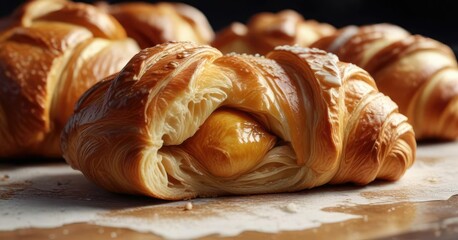 Flaky layers of croissant dough wrapped around a gooey center, flaky, layers, crispy