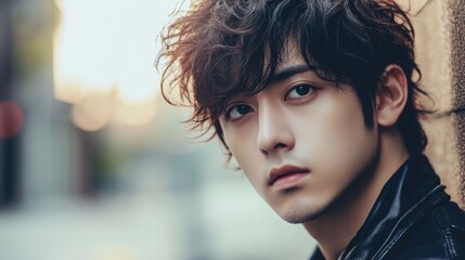 Fototapeta premium stylish portrait of young asian man with tousled dark hair wearing leather jacket in urban setting during golden hour light