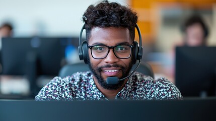 Smiling man in headset working at a computer desk.