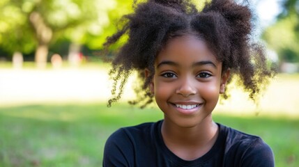 Smiling African American teenage girl with fluffy curly hair sitting in a sunny green park, enjoying a warm day outdoors, vibrant nature background.