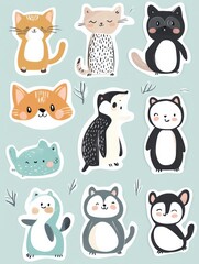 Colorful animal stickers featuring cute cats and playful characters on a soft blue background for creativity and fun. Generative AI