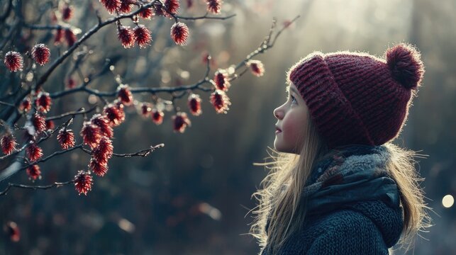 Young girl admiring red catkins on alder tree in soft spring light surrounded by serene woodland setting, wearing a maroon knit hat and warm coat.