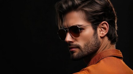Fototapeta premium handsome young man with stylish sunglasses posing in side profile against a dramatic black studio background showcasing modern fashion and confidence