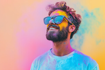 Photographing vibrant Holi festival celebrationsJoyful man with colorful powder-smeared face isolated on a gradient background celebrating Holi festival vibrantly