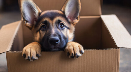 A playful German shepherd puppy looks out from a cardboard box, showcasing its adorable features and curiosity in a warm indoor environment